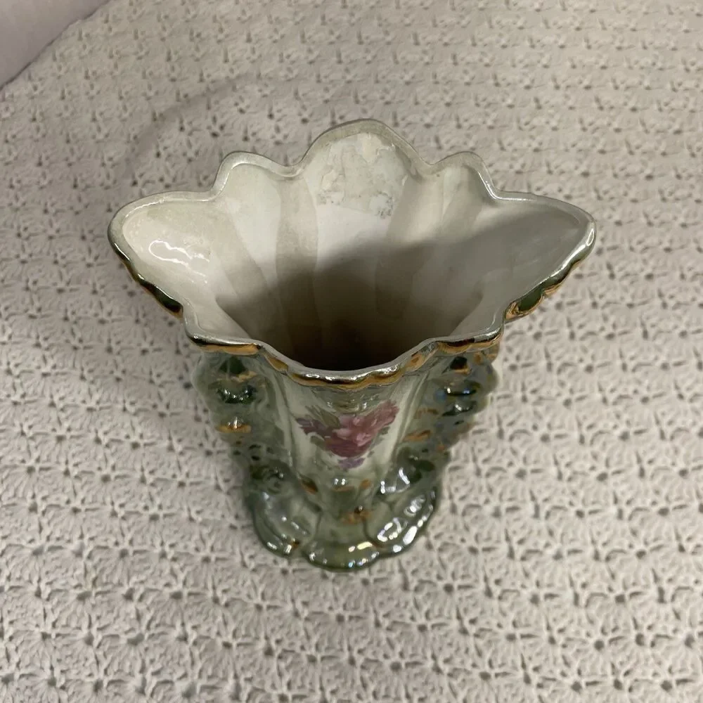 Vintage Hand Painted Lusterware Vase Pottery Made In Taiwan Floral Gold Accents